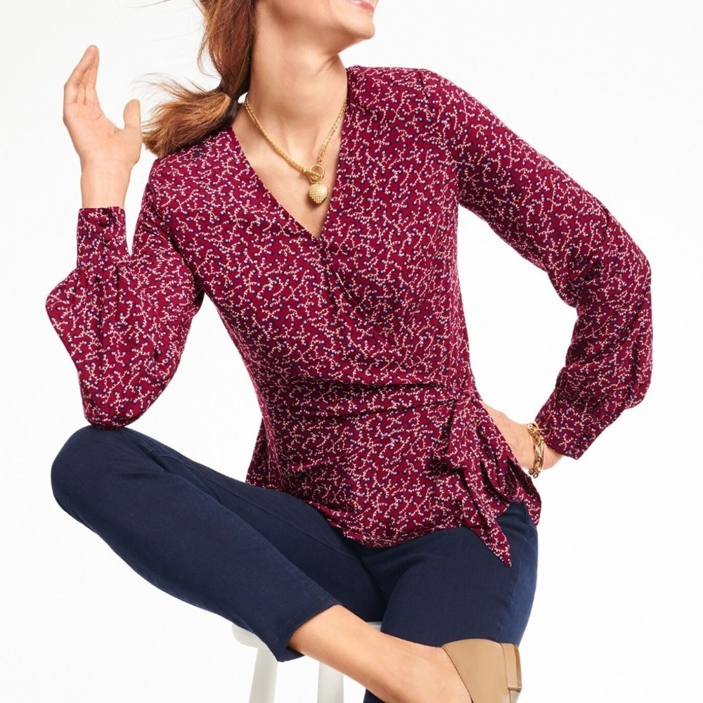Talbots Wrap Tie Poet Sleeve Floral V-neck Maroon Blue Blouse Long Sleeve‎ Large